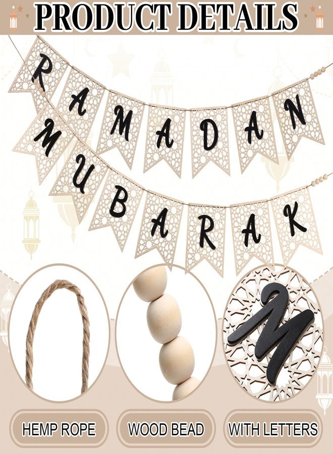 SmoothNovelty 2 Pcs Eid Ramadan Mubarak Banner Wooden Ramadan Mubarak Decoration Rustic Bead Ramadan Decorations Banner Muslim Party Decor Supplies for Home Fireplace Indoor Outdoor(Black Letter) - Image 4